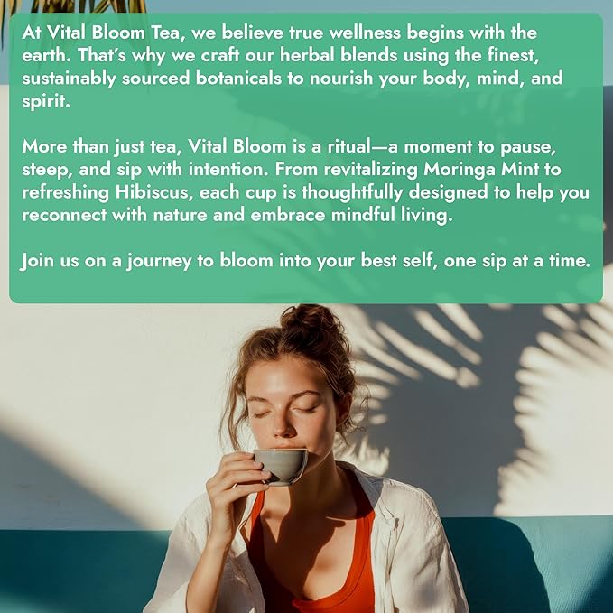 Vital Bloom 120 Tea Bags Moringa Tea, 100% Natural Moringa Leaves Herbal Tea, Supporting Digestion & Immune System - Bleach Free Tea Bags, Non-GMO (Free Bamboo Tongs Included)