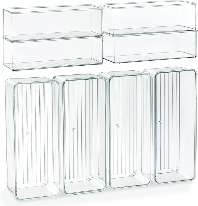 8 PACK Drawer Organizer Bins Bathroom Deep Drawer Organizer Tray for Cutlery Vanity Make-up, Clear Stackable Storage Bins for Kitchen Cabinet Closet Counter Organization and Storage