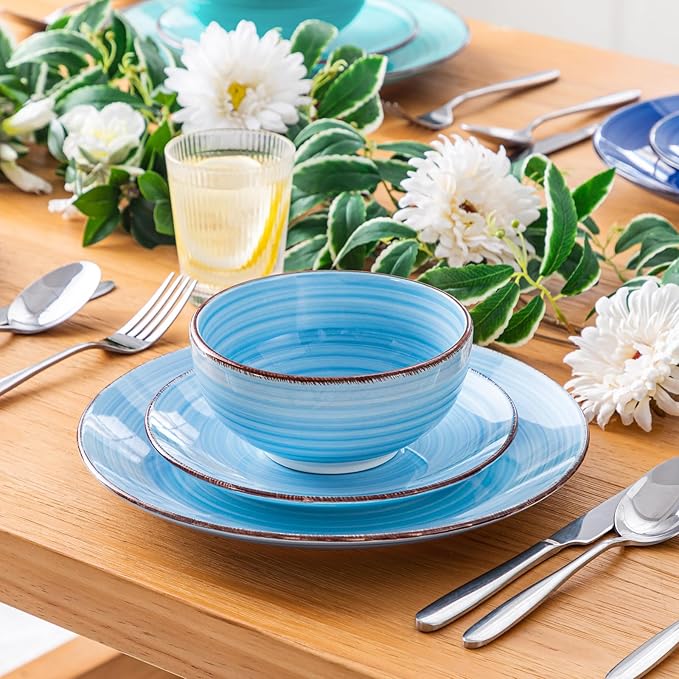 vancasso Bonita Plates and Bowls Sets 18 Pieces Blue Stoneware Service for 6, Modern Round Dinnerware Sets, Hand-Painted Spiral Dishes Set-Microwave and Dishwasher Safe (Blue,18 Pcs)