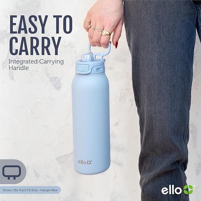 Ello Pop & Fill 22oz Stainless Steel Water Bottle with Quick Fill Technology, Double Walled and Vacuum Insulated Metal, Leak Proof Locking Lid, Sip and Chug, Reusable, BPA Free, Black