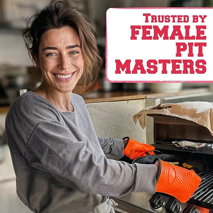 KITCHEN PERFECTION S Silicone Smoker Oven Gloves for Women -Extreme Heat Resistant BBQ Gloves -Handle Hot Food Right on Your Grill Fryer |Waterproof Oven Mitts for Cooking |Superior Set+3 Bonuses