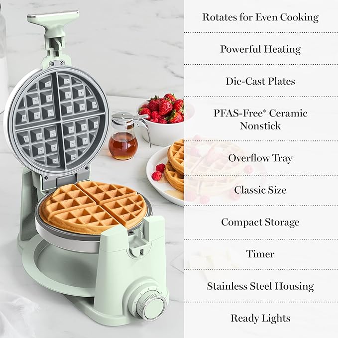 Martha Stewart Rotating Waffle Maker, 180° Flip Iron with PFAS-Free Nonstick Plates, Adjustable Timer, Ready Light, Drip Tray, Space Saving, Classic Round 7”, Easy to Clean, Stainless Steel, Honeydew