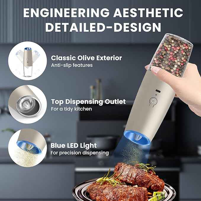 Rechargeable Electric Salt and Pepper Grinder set of 2, gravity electric salt and pepper grinder set, Adjustable Roughness, LED Light, 2 Pack, (Khaki)