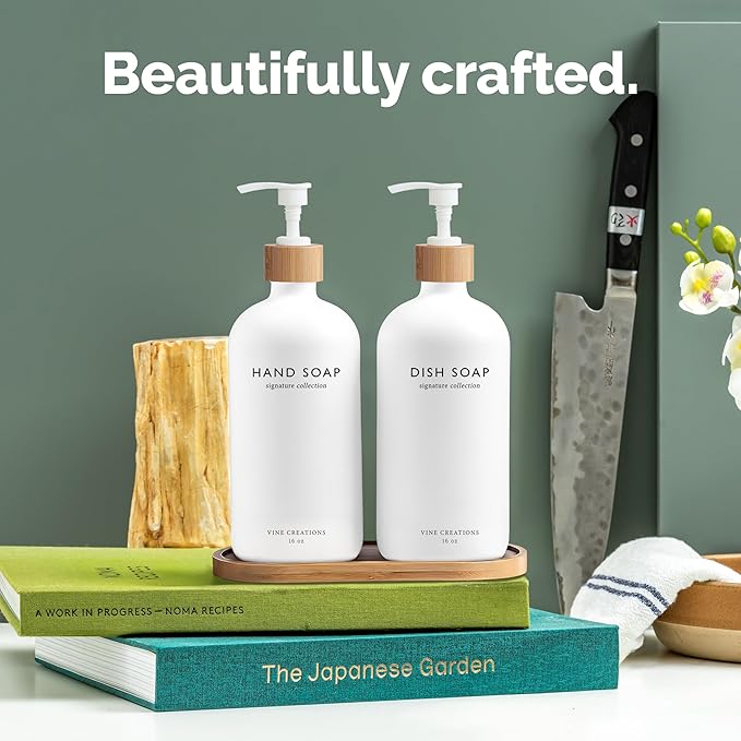Vine Creations White Glass Soap Dispenser Set, Hand Soap and Dish Soap Dispenser Set with Bamboo Tray, 16 oz Glass Dispensers Bottle for Kitchen and Bathroom Decor Modern Boho with Bamboo Pump (White)