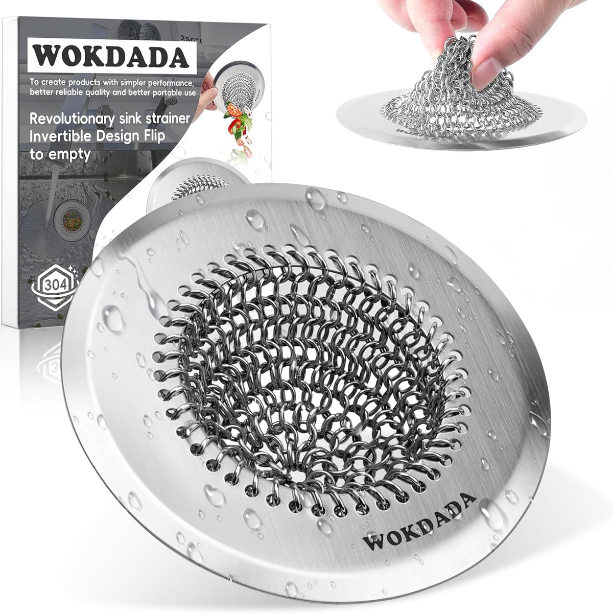 Revolutionary Sink Strainer/Patented Reversible Chain Mesh, Effortless Cleaning & Debris Catcher, Large Capacity, No Clog, 304 Stainless Steel & Rust-Proof/Handmade with Premium Materials