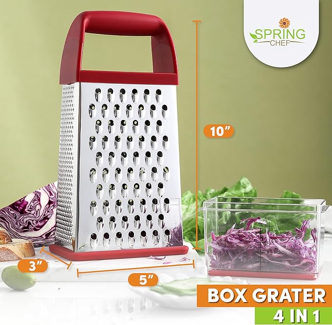 Spring Chef Professional Red 10" Parmesan Cheese Grater With Container, Stainless Steel & Soft Grip Handle, 4 Sided Kitchen Carrot Shredder, Handheld Box Grater for Potato, Veggie, Ginger, Hashbrown