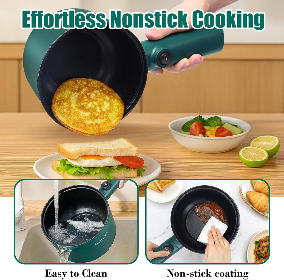 Electric Hot Pot with Steamer, 1.8L Ramen Cooker, Portable Cooking Pot Non-Stick Sauté Pan, Electric Pot for Pasta, Egg, Steak, BPA Free,Dual Power Control, Suit Dorm Room, Travel,RV,Hotel