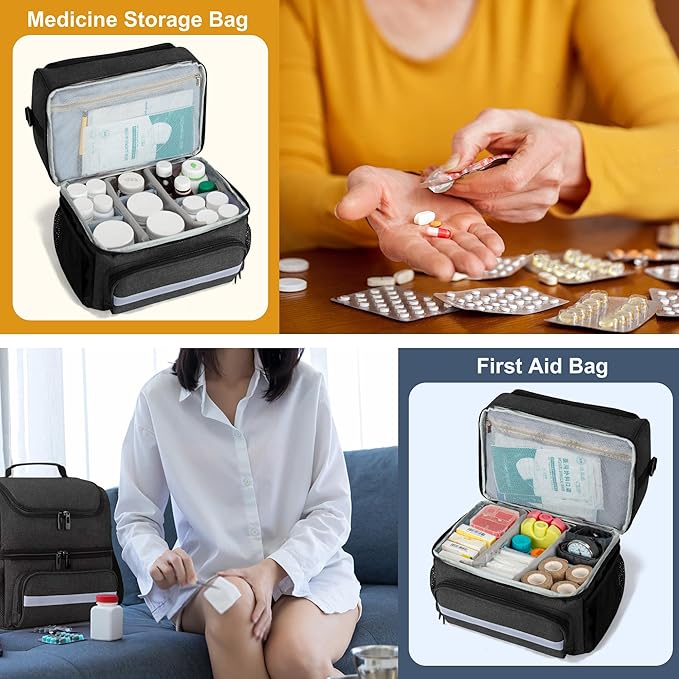 CURMIO Medicine Storage Bag, Double Layers Pill Bottle Organizer with Inner Dividers for Medication, Vitamins, Prescription Bottles, Medical Supplies, Black (Patent Design)