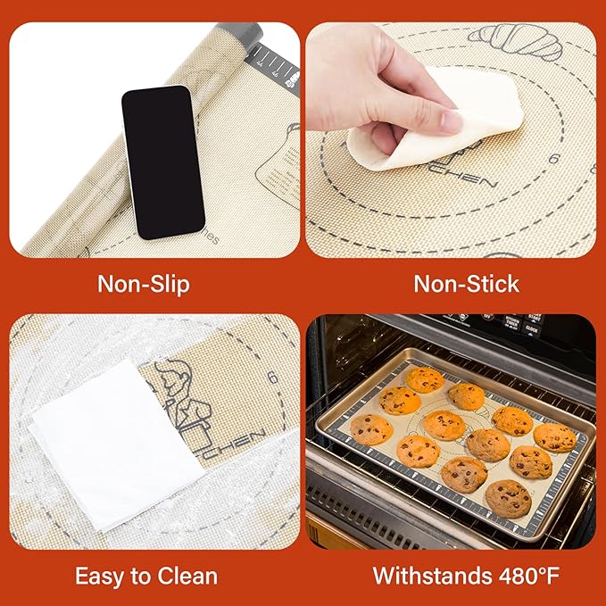 Silicone Mat for Baking Macaron, Bread, Pizza, Extra Thick Silicone Baking Mat with Measurement, Non Stick Pastry Mat for Dough Rolling Out, Heat Resistant to 480°F for Baker