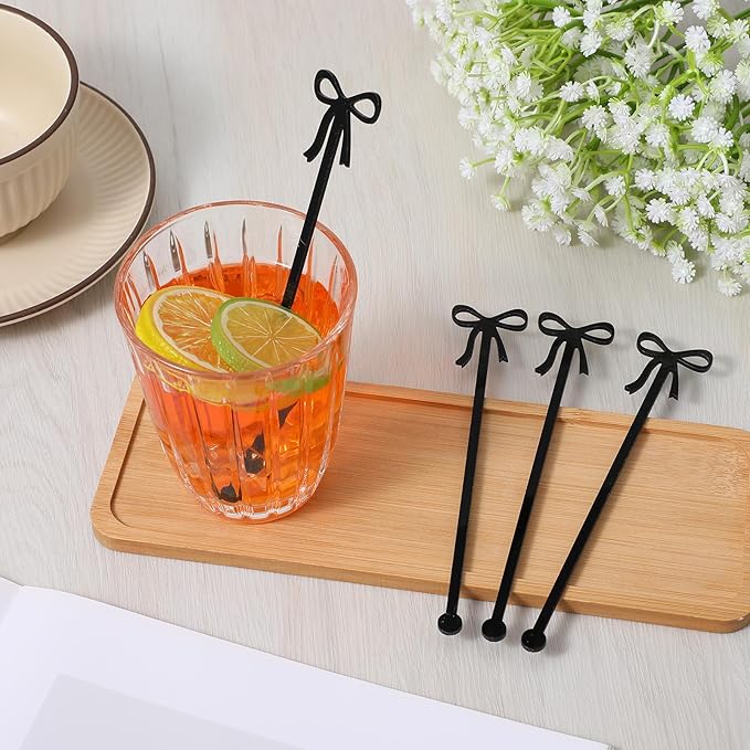 20Pcs Cocktail Stirrers, Black Bow Acrylic Drink Stirrers, 6 Inch Long Reusable Plastic Stirrer for Wedding Birthday Bridal Bachelorette Party Cocktail Cupcake Decorations Supplies