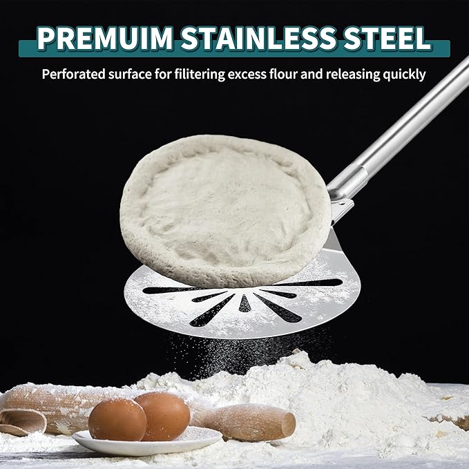 Stainless Steel Pizza Turning Peel 8-Inch, HaSteeL Round Pizza Turner Paddle, Perfortaed Pizza Spinner Spatula with Long Detachable Handle, Dishwasher & Oven Safe