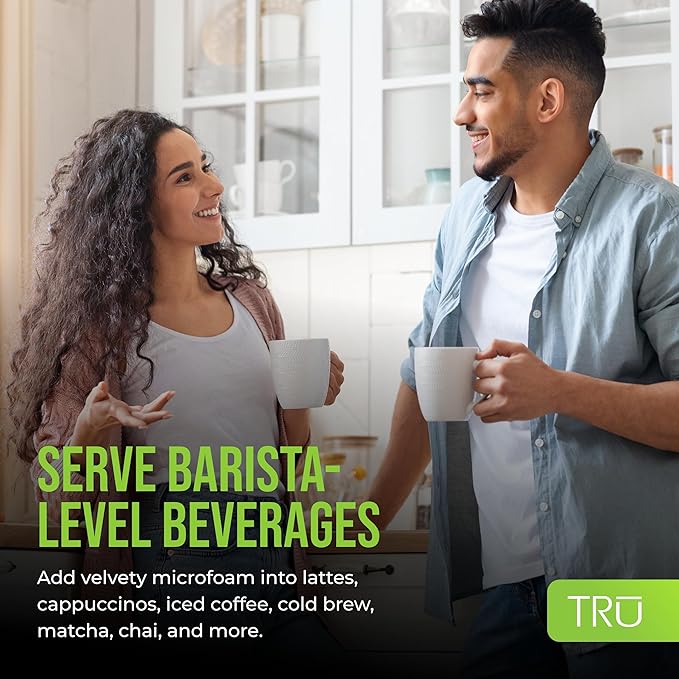 TRU Electric Milk Frother - Foam Maker for Lattes, Cappuccinos, Iced Coffee & More - One-Touch Operation & Precision Spout - Hot & Cold Milk Frother with Automatic Shut-Off - 10 Oz