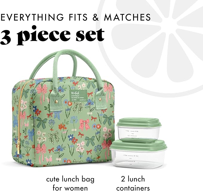 Fit & Fresh Bloomington Lunch Bag for Women - Insulated Large Lunch Box for Work with Containers, Leak-Resistant, Stain-Resistant, Zipper Closure, Sage Bows & Flowers