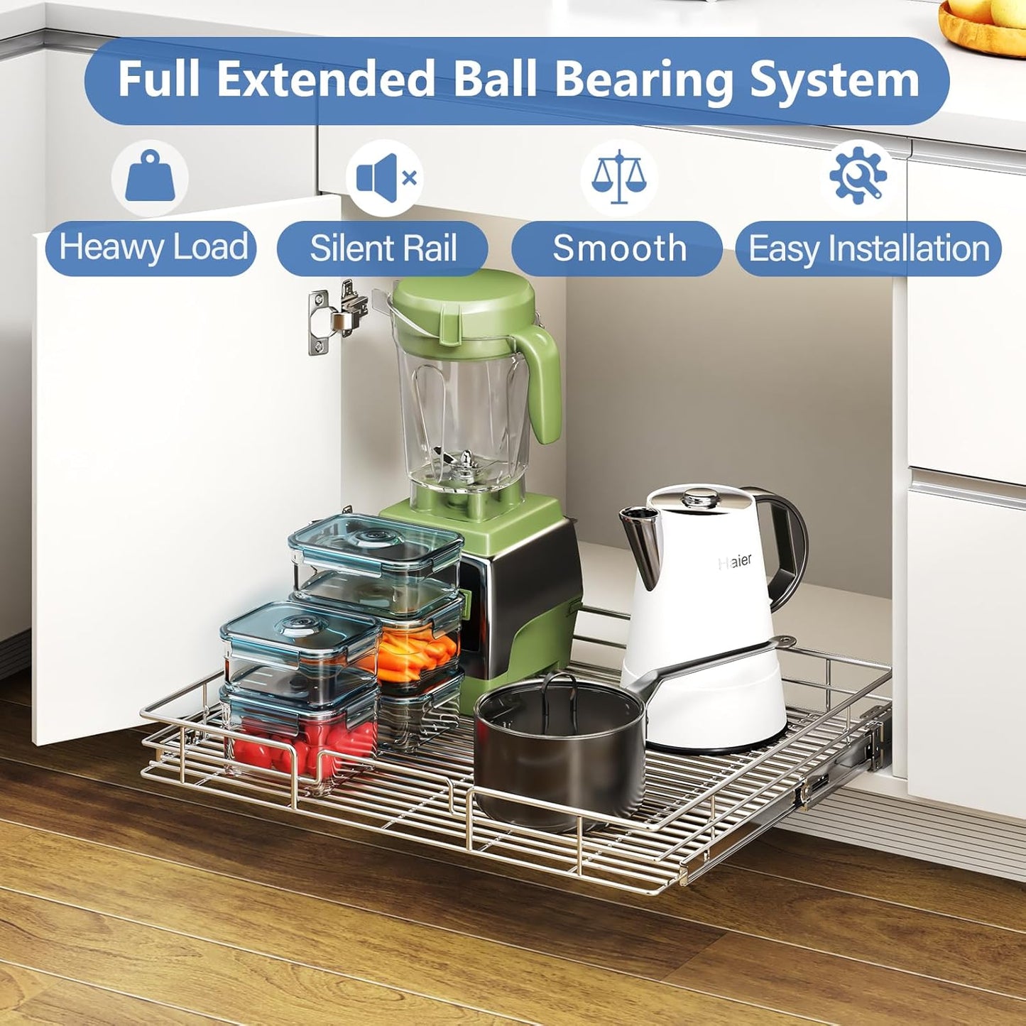 ROOMTEC Pull Out Cabinet Organizer, Cabinet Pull Out Shelves 25½" W x 21½" D, Heavy Duty Cabinet Drawers Slide Out Kitchen Cabinet Organizers Storage Shelf