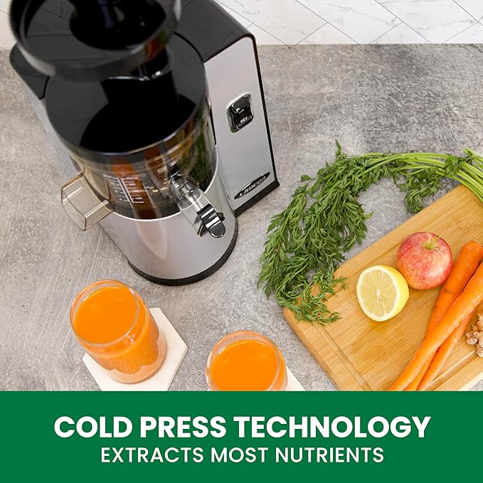 Omega Juicer Cold Press Vertical 43 RPM Slow Masticating Compact Juice Extractor for Fruits and Vegetables Quiet Operation with 3 Stage Auger Automatic Pulp Ejection and No-Drip Tap, 150-Watts, Silver