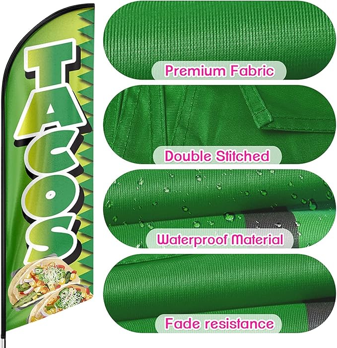 Tacos Swooper Feather Flag with Pole Kit and Ground Stake, 11FT Advertising Banner Sign for Tacos, Burritos and Mexican Food Businesses