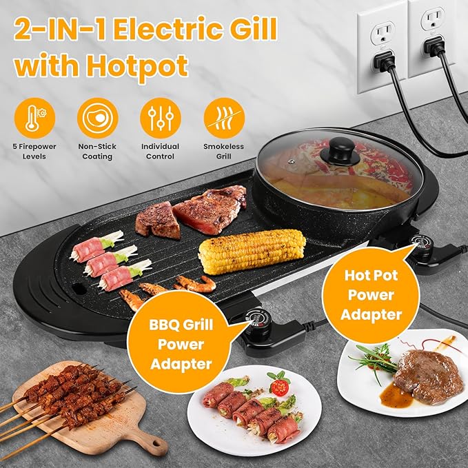2-in-1 Electric Hot Pot & Korean BBQ Grill, 2200W Smokeless Non-Stick Indoor Combo with Dual Temperature Control, Shabu Shabu Hot Pot w/Large Capacity Tray, 5 Firepower Settings for 2-12 People, 110V