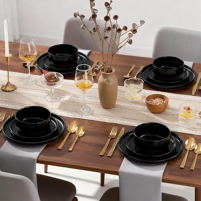 E-far 12-Piece Stoneware Plates and Bowls Sets, Dinnerware Sets for 4, Ceramic Dishware Dishes Set with Terracotta Base, Chip & Scratch Resistant, Microwave & Dishwasher Safe, Matte Black