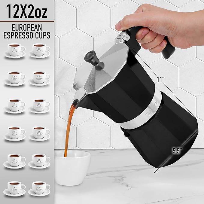 Zulay Moka Pot Espresso Stovetop Coffee Maker - Leak-Proof, Stainless Steel, Easy to Clean, Heat Resistant Handle & Knob - for Authentic Cuban & Italian Style Espresso - Makes 12 Espresso Cups - Black