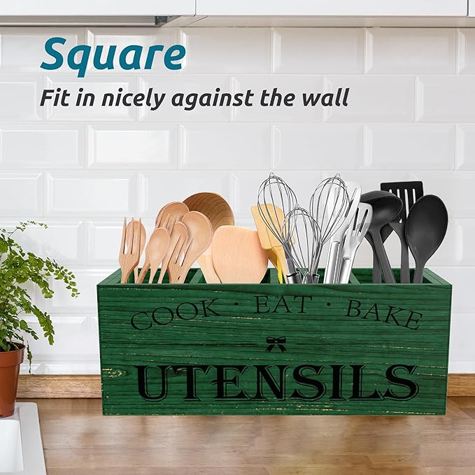 Suli Extra Large Kitchen Utensils Holder with 4 Compartments, Wooden Utensil Organizer for Kitchen Countertop, Farmhouse Decor, Rustic Cooking Utensil - Green grain