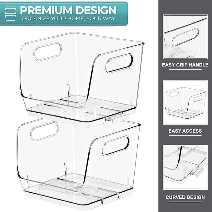 Sorbus Stackable Storage Bins Open Front, Clear Stackable Storage Bins, Pantry Bins for Storage and Organization, Acrylic Stackable Bins for Kitchen, Clear Pantry Organizer Bins (Small Square 2 Pack)