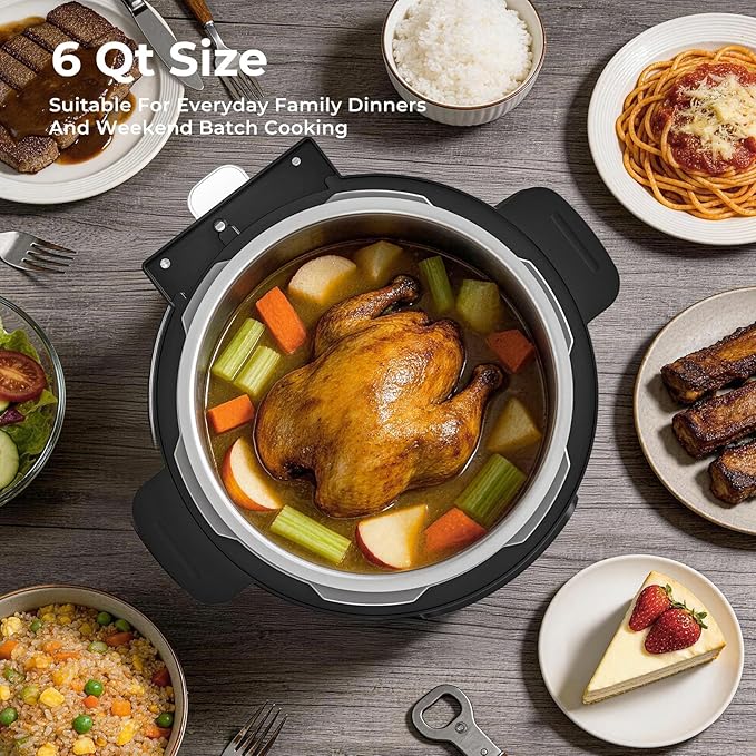 Carori Dual Pot Electric Pressure Cooker, 9-in-1 Multi-Cooker 6 Qt with 2 Inner Pots (Stainless Steel & Nonstick), 12 Programs, Slow Cook, Rice Cook, Steamer, Black