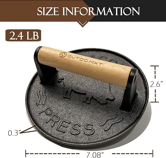 Cast Iron 7" Smash Burger Press,Heavy Duty 2.5lb Burger Smasher with Wood Handle and Silicone Protective Cover for Griddle,Grill Press for Hamburger, Bacon, Steak, Barbecue Grilling Tool