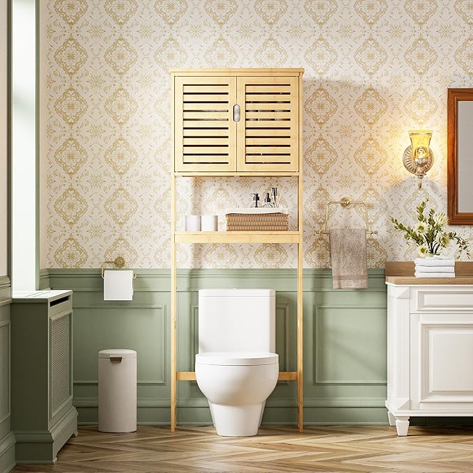 SMIBUY Bathroom Over The Toilet Storage Cabinet, 2 Door Bamboo Cabinet Organizer, Freestanding Space Saver Toilet Rack with Adjustable Inside Shelf and Open Shelf (Natural)