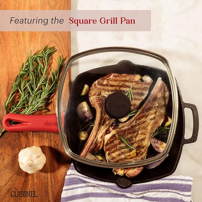 Cast Iron Cookware 18-Piece Set - Pre-Seasoned 6" + 8" + 10" + 12" Skillet + Grill Pan+Lid + Griddle + Pizza Pan + Dutch Oven+Cover/Pan + Panrack + Silicone Handle Cover + Pan Scraper/Cleaner