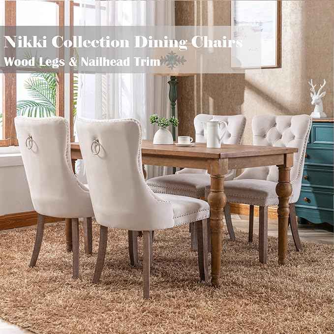 Beige Velvet Dining Chairs Set of 4, Upholstered Dining Room Chairs with Back Ring Pull Trim and Solid Wood Legs, Tufted Wingback Kitchen Chairs for Dining Room,Living Room,Kitchen(Beige)