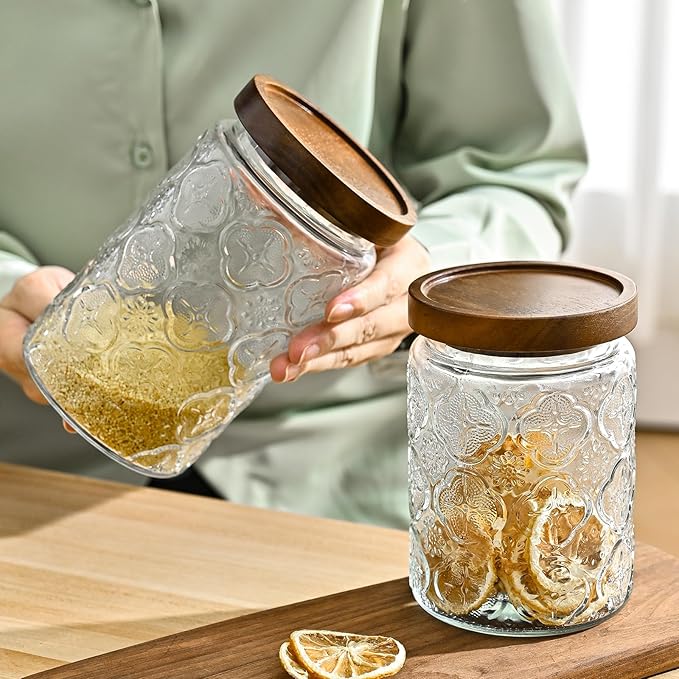 Adodeen 3-Pack 32oz Vintage Glass Jar With Lid, Glass Storage Containers, Airtight Kitchen Storage Containers For Sugar, Coffee, Tea, Spice, Flour, Candy Cookie, Pasta, Cereal