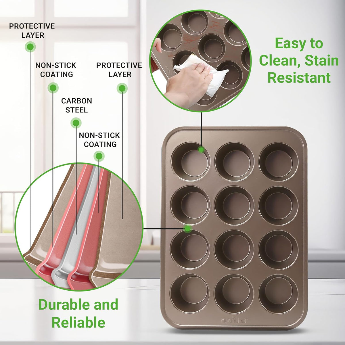 NutriChef Muffin Pans for Baking 4-Pack | Nonstick 12 Mold Cupcake Tins | Carbon Steel Stackable Cup Cake Trays | Dishwasher & Oven Safe | Includes 200 Parchment Paper Liners | 13 x 10 x 1 | Gold