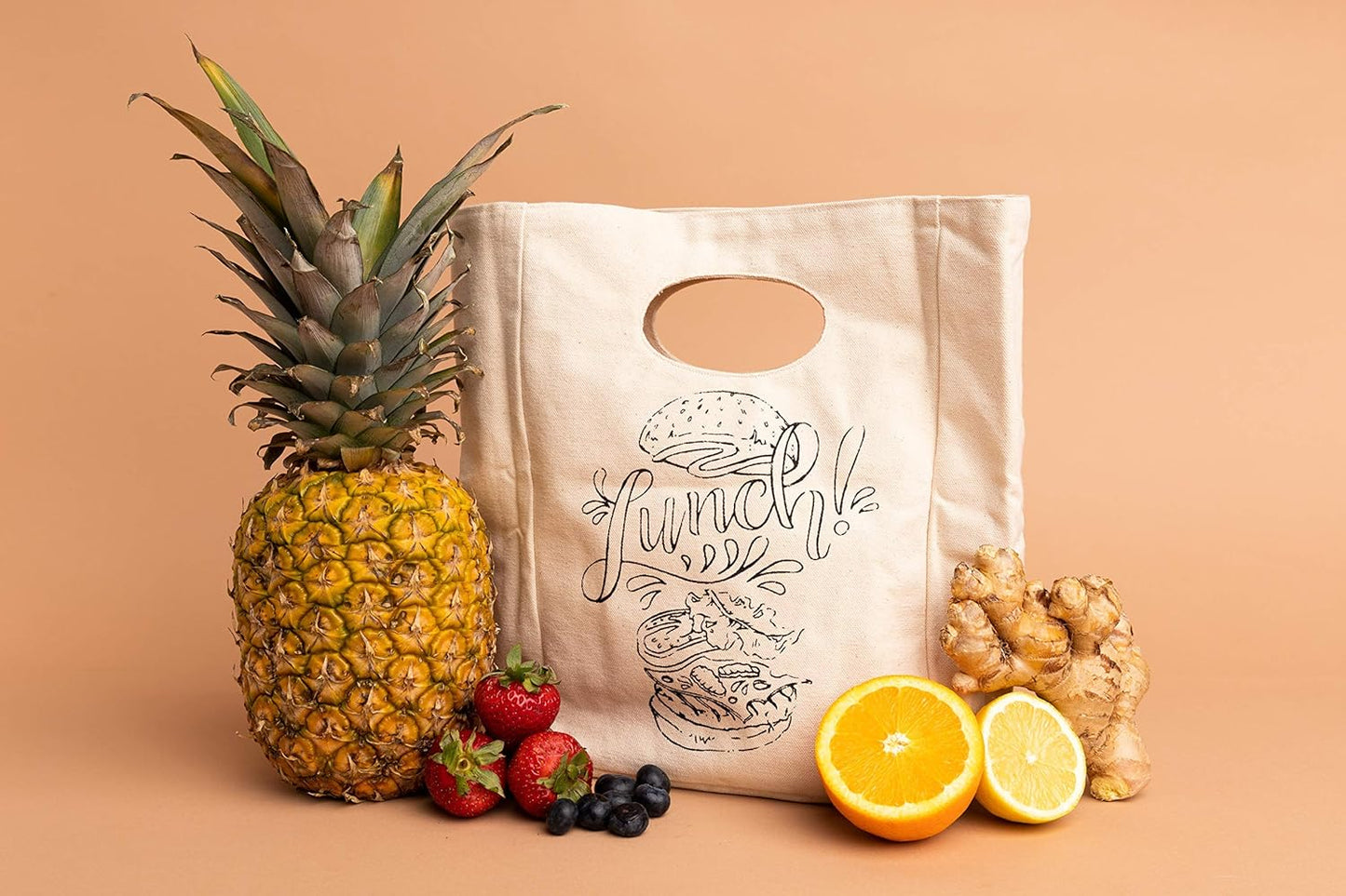 Organic Cotton Canvas Lunch Bag - Reusable & Machine Washable Lunch Tote - Organic Snack Tote - Unisex Lunch Bag for Men, Women & Kids - Easy to Clean (White with Black Print)