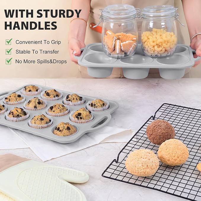 Jumbo Silicone Muffin Pan with Metal Frame, Non Stick Silicone Cupcake Pan with Handles 6 Cup, BPA Free Silicon Muffin Tin Tray Extra Large for baking, egg bites, Cupcake Mold Light Grey