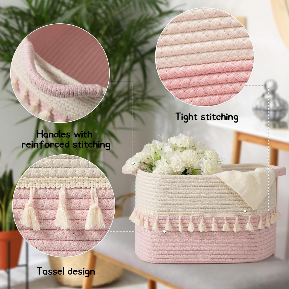 TeoKJ Storage Baskets 3 Packs, Storage Basket for toys,Towel, Storage Bins, Woven Basket for Shelves Bedroom Laundry Nursery, White & Pink
