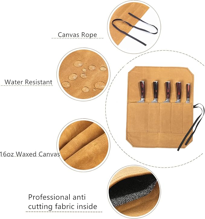 Knife Roll, Knife Cases Organizer-Durable Waxed Canvas With Cut Resistant Lining -5 Pockets (Khaki)