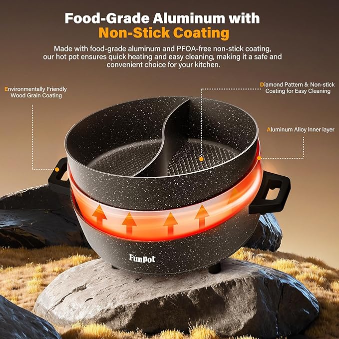 6L Electric Hot Pot with S-Shape Dual-Divider, Smart Temperature Control, 5 Heat Settings, 1350W Fast Boiling, Diamond Nonstick Pot (Black Hollow Handles)