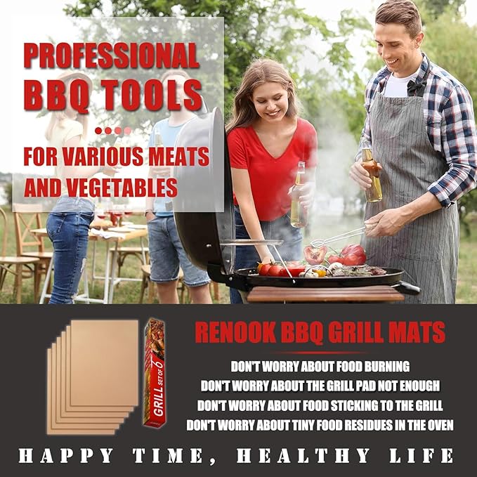 Renook Grill Mats for Outdoor Grill, Set of 6 Copper Grill Mat, Non-Stick and Reusable BBQ Copper Sheets for Gas Grilling Charcoal Electric Barbecue Cooking Accessories, PFOA Free, 15.75 X 13in