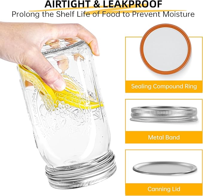 Miuyhji Wide Mouth Mason Jars 32 oz with Lids [4 Pack], Canning Jars with Metal Airtight Lids and Bands, 32 oz Glass Jars for Fermenting, Pickling, Freezing, Preserving, Meal Prep, Jar Décor
