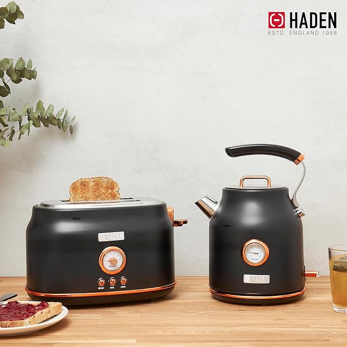 Haden Dorset 1.7 Liter Stainless Steel Electric Kettle with 360-Degree Base Bundled with 2 Slice Wide Slot Stainless Steel Toaster, Black & Copper