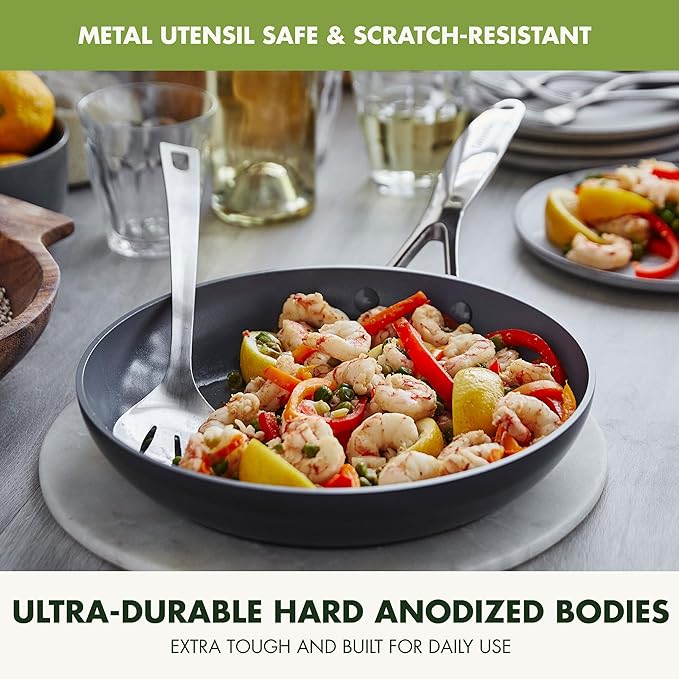 GreenPan Valencia Pro Ceramic Nonstick 8" 9.5" & 11" Fry Pan Skillet Set, Hard Anodized PFAS-Free, Induction Ready, Compatible on All Cooktops, Dishwasher Safe, Oven Safe to 600F, Gray