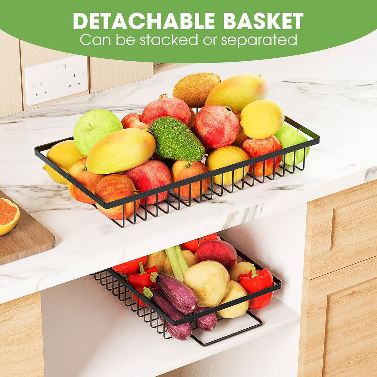 Fruit Basket for Kitchen Counter, 2 Tier Fruit Bowl with Banana Hangers, Large Fruit Holder Stand Countertop Organizer for Vegetable Onion Potato Bread Snack Produce Storage and Display, Black
