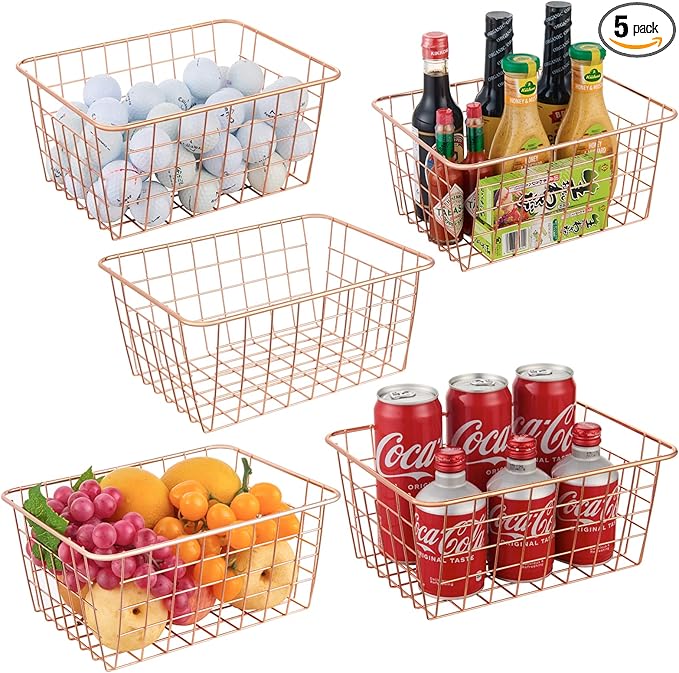 Wire Kitchen Storage Basket 5 Packs,Perfect Pantry Organization Accessories Baskets,Laundry Basket,Countertop Organization,Suitable for Kitchen,Bathroom,Bedroom,Tabletop,Rose gold
