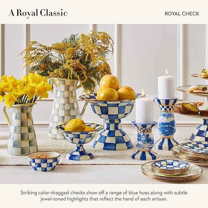 MACKENZIE-CHILDS Enamel Compote, Cute Enamel Pedestal Serving Dish or Decorative Bowl, Large, Blue-and-White Royal Check
