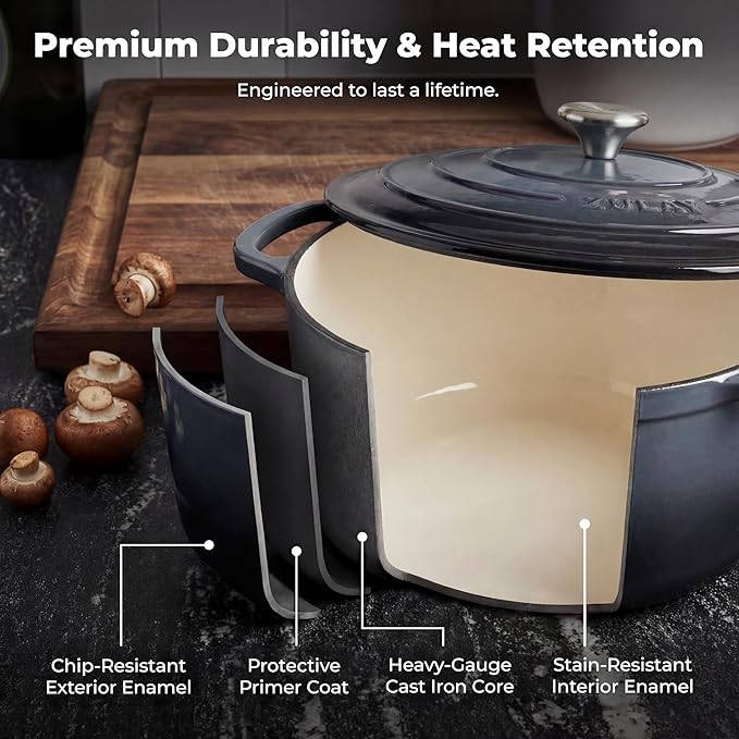 Zulay Kitchen 5 Quart Enameled Cast Iron Dutch Oven Pot with Lid – Premium Durability & Oven Safe up to 500°F – Heavy Duty Cookware Perfect for Bread Baking, Stews, Braising & Roasting – Gray