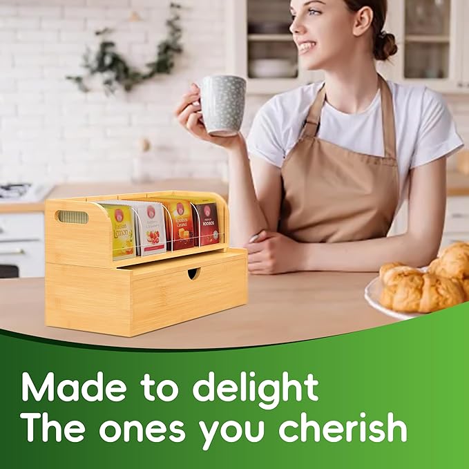 Bamboo Tea Organizer – Stackable Collection (1Tier w/Drawer）