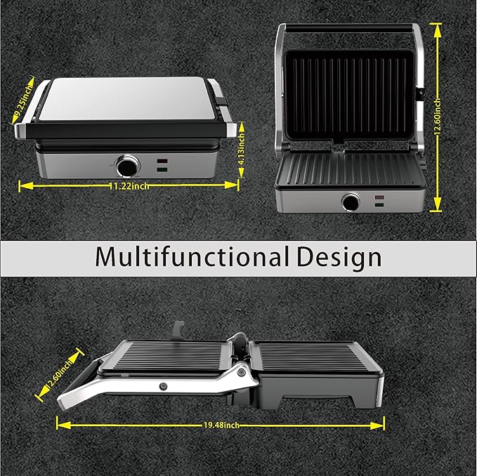 Panini Press, Electric Sandwich Press Grill, Open 180 Degrees, Electric Grill Indoor, Perfect for Grilling Sandwich, Steak, Burger, Adjustable Temperature Control, Non Stick Coating,GT60