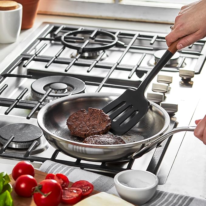 STAUB Silicone Spatula Turner, Perfectly Angled for Lifting Pancakes, Sandwiches and Picking up Veggies Durable BPA-Free Matte Black Silicone, Acacia Wood Handles, Safe for Nonstick Cooking Surfaces