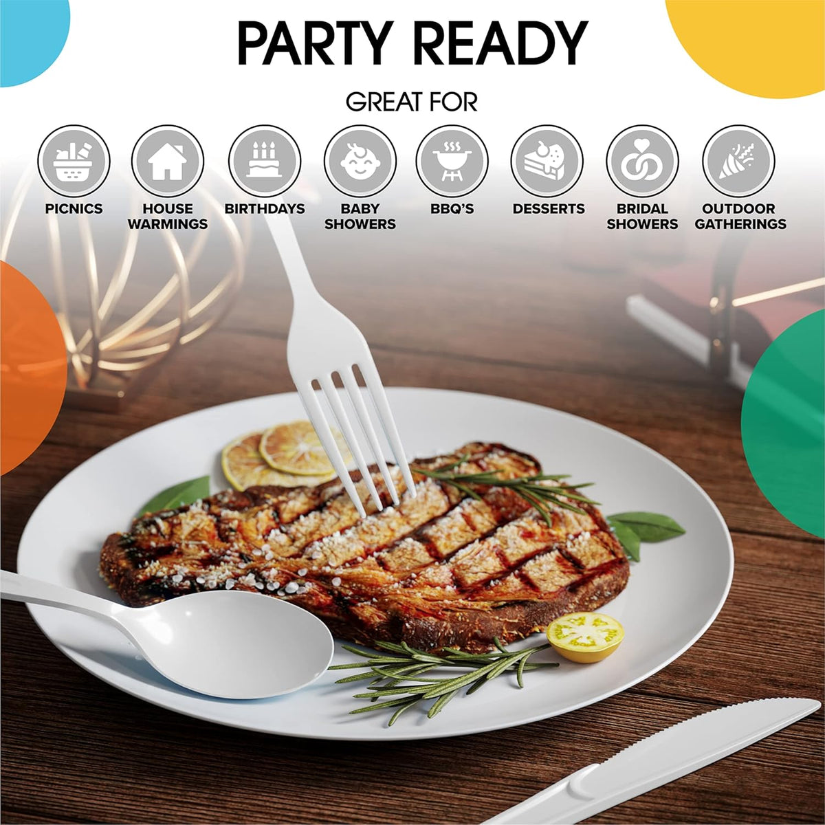 Party Solids 200 Pcs Heavy Duty Plastic Cutlery - White Disposable Flatware, Plastic Spoons