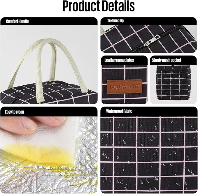 douyadady Lunch Bag Women/Men Lunch Box Women/Men (Black+Pink Blocks)